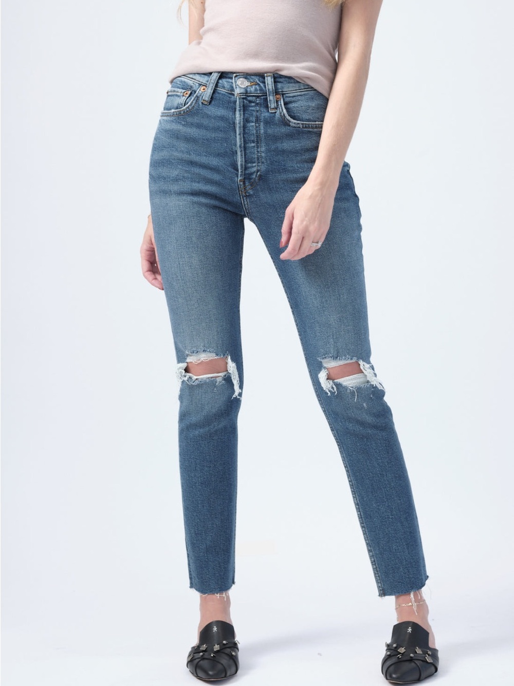 Re/Done High Rise Ankle Cropped Ripped Blue Denim Jeans